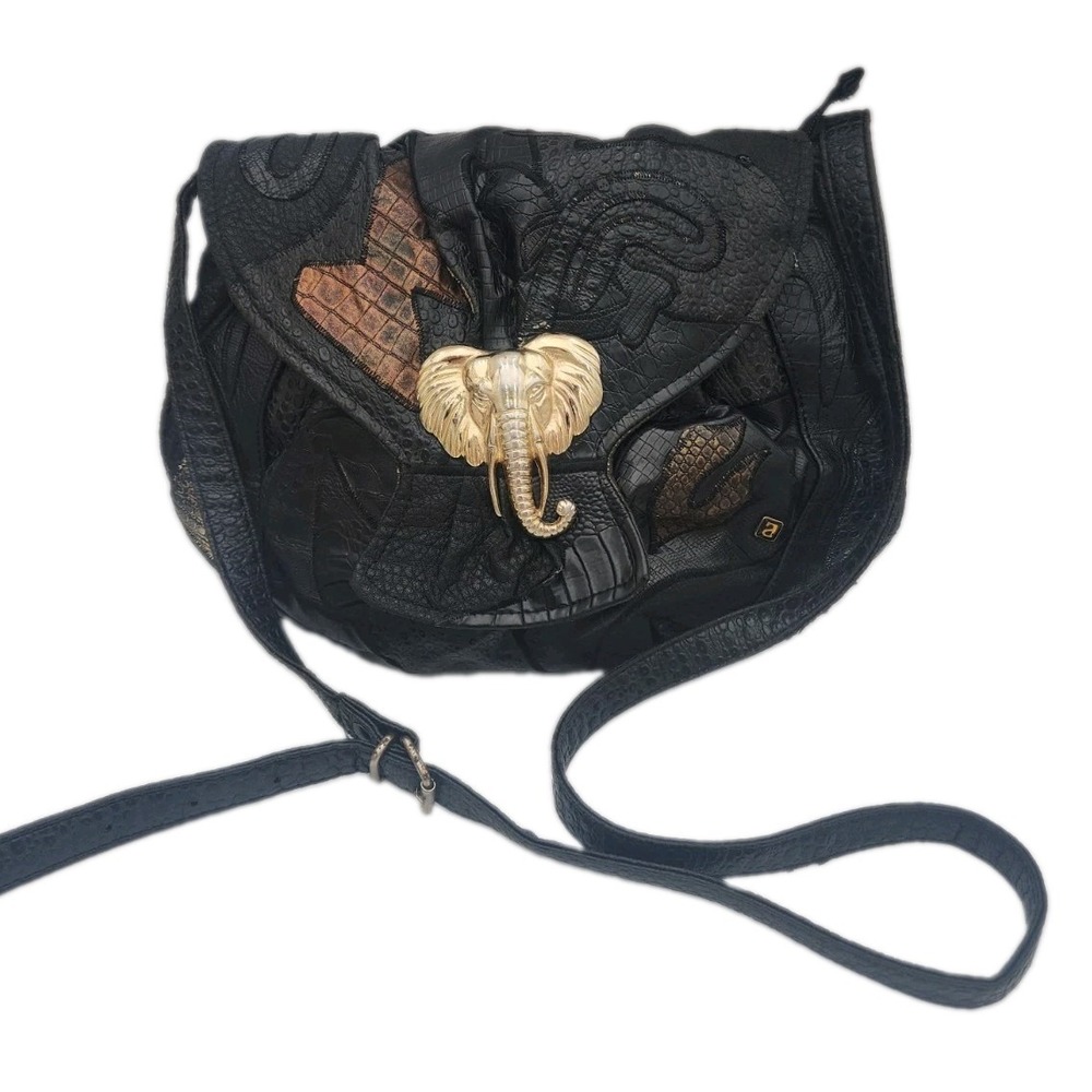 Vintage 80s Alentino NAS Bag Leather Patchwork Metal Elephant Accent